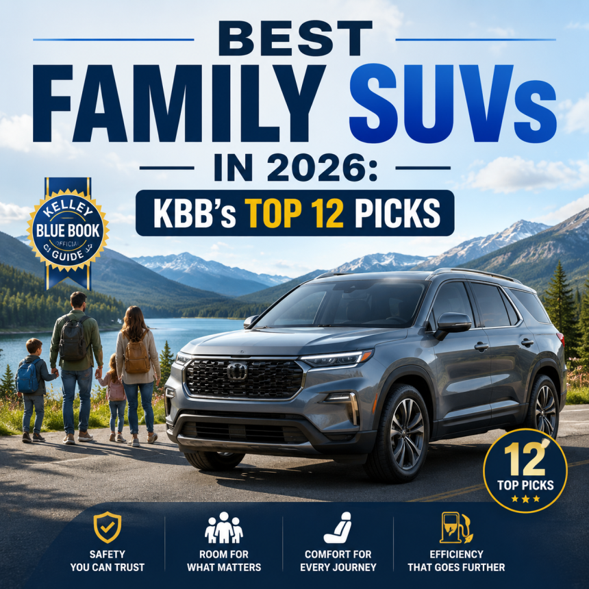 Kelley Blue Book graphic highlighting top 12 family SUVs for 2026 with safety, space, comfort, and efficiency