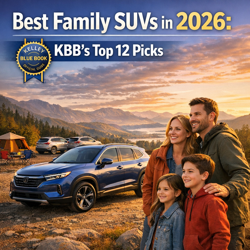 Family standing outdoors beside top-rated 2026 SUVs from Kelley Blue Book’s best family SUV picks