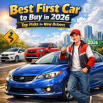 Graphic listing top first cars for new drivers in 2026 with vehicle images and model names