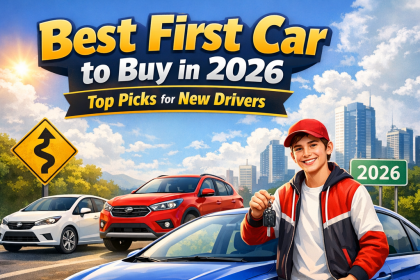 Graphic listing top first cars for new drivers in 2026 with vehicle images and model names
