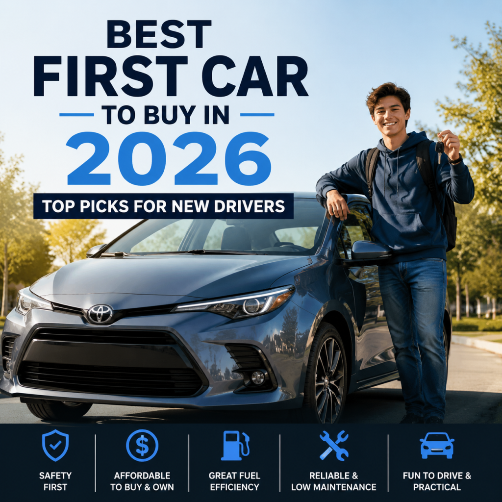 Infographic of the best first cars to buy in 2026 for new drivers, highlighting safety, affordability, and reliability