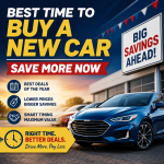Promotional graphic about the best time to buy a new car and save money with smart timing