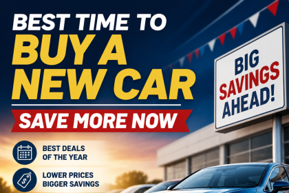 Promotional graphic about the best time to buy a new car and save money with smart timing