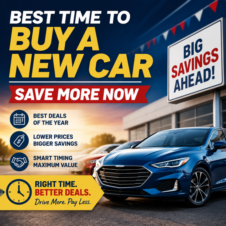 Promotional graphic about the best time to buy a new car and save money with smart timing