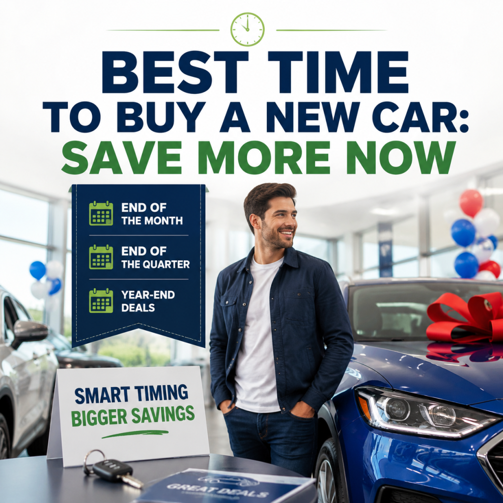 Calendar highlighting the best times to buy a new car: end of month, quarter, and year-end deals.