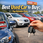 Hand holding car keys in front of a row of used cars for sale at a dealership