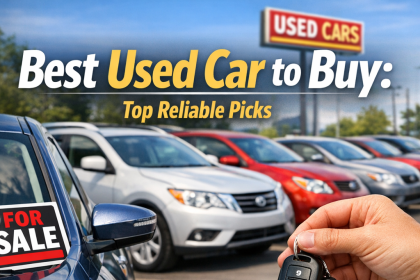 Hand holding car keys in front of a row of used cars for sale at a dealership