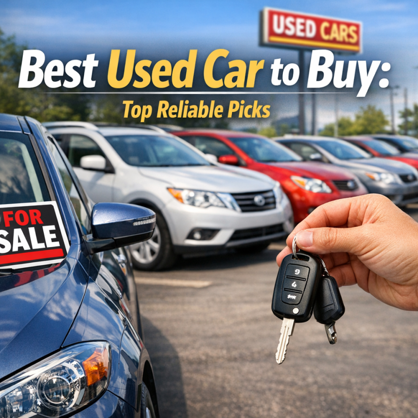 Hand holding car keys in front of a row of used cars for sale at a dealership