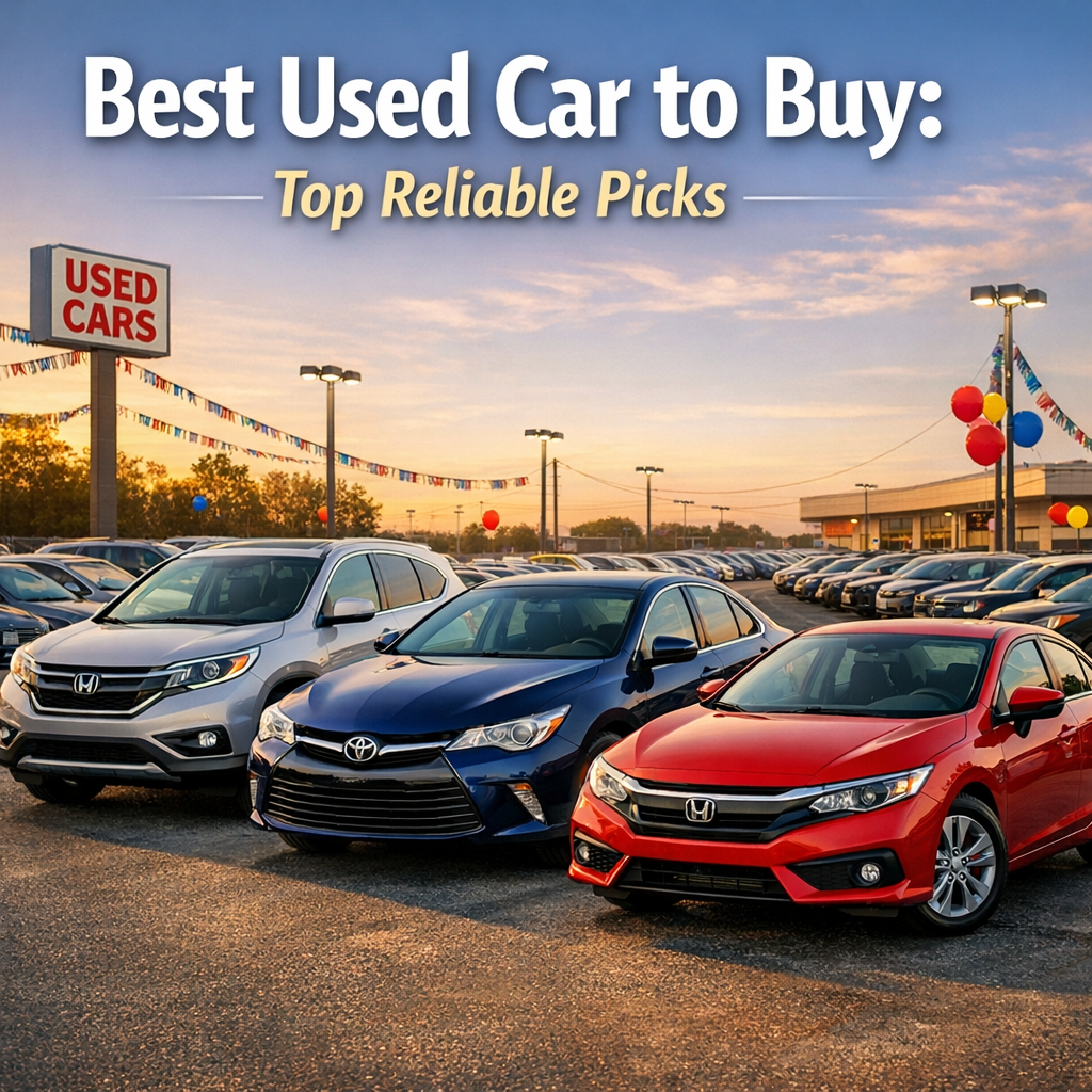 Used car dealership lot with several reliable car models lined up for sale