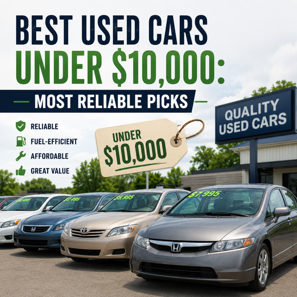 Comparison chart of reliable, fuel-efficient used cars under $10,000 with prices, mileage, and model years