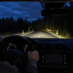 Car headlights lighting a dark forest road at night