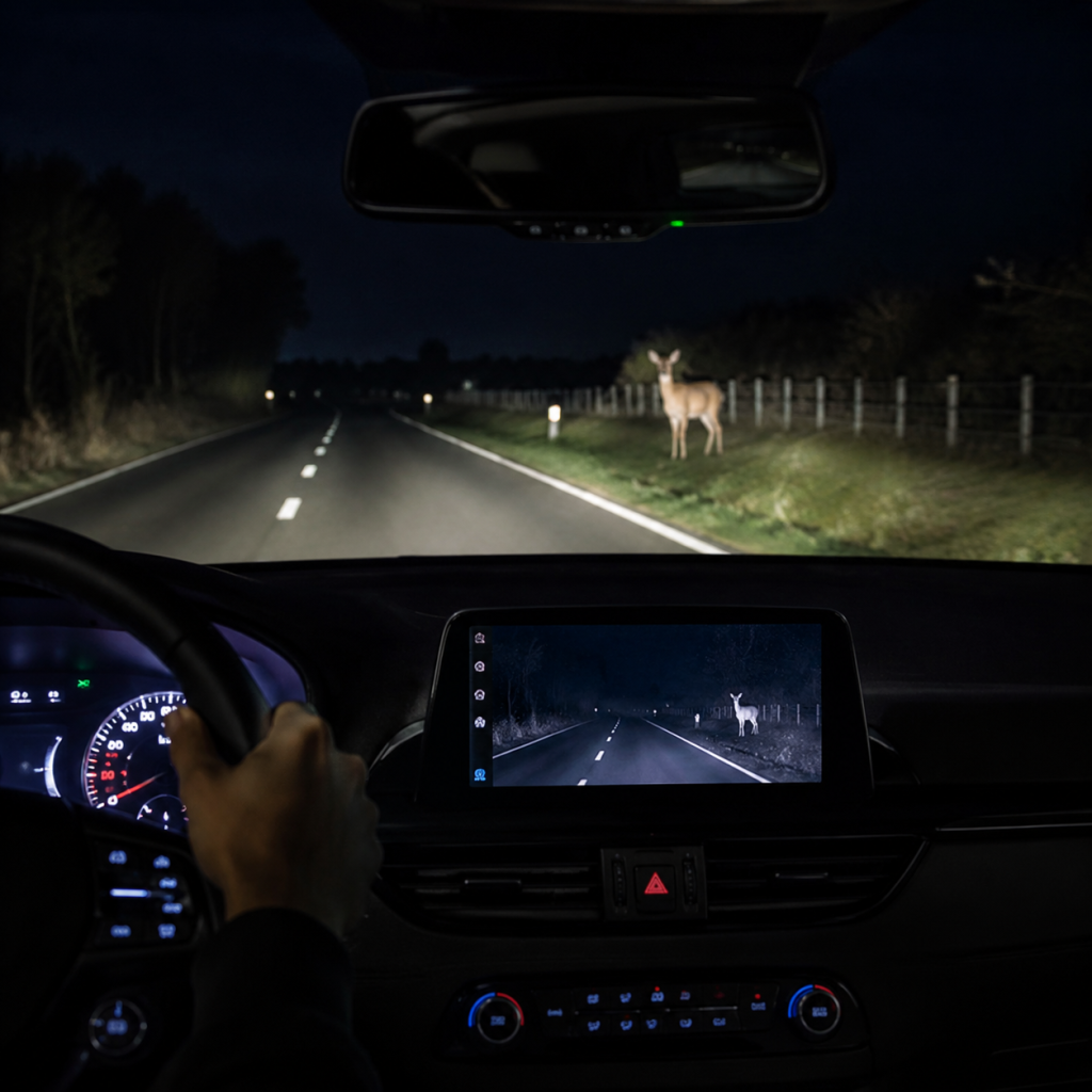 Car thermal cameras alerting a driver to deer on a dark rural road at night