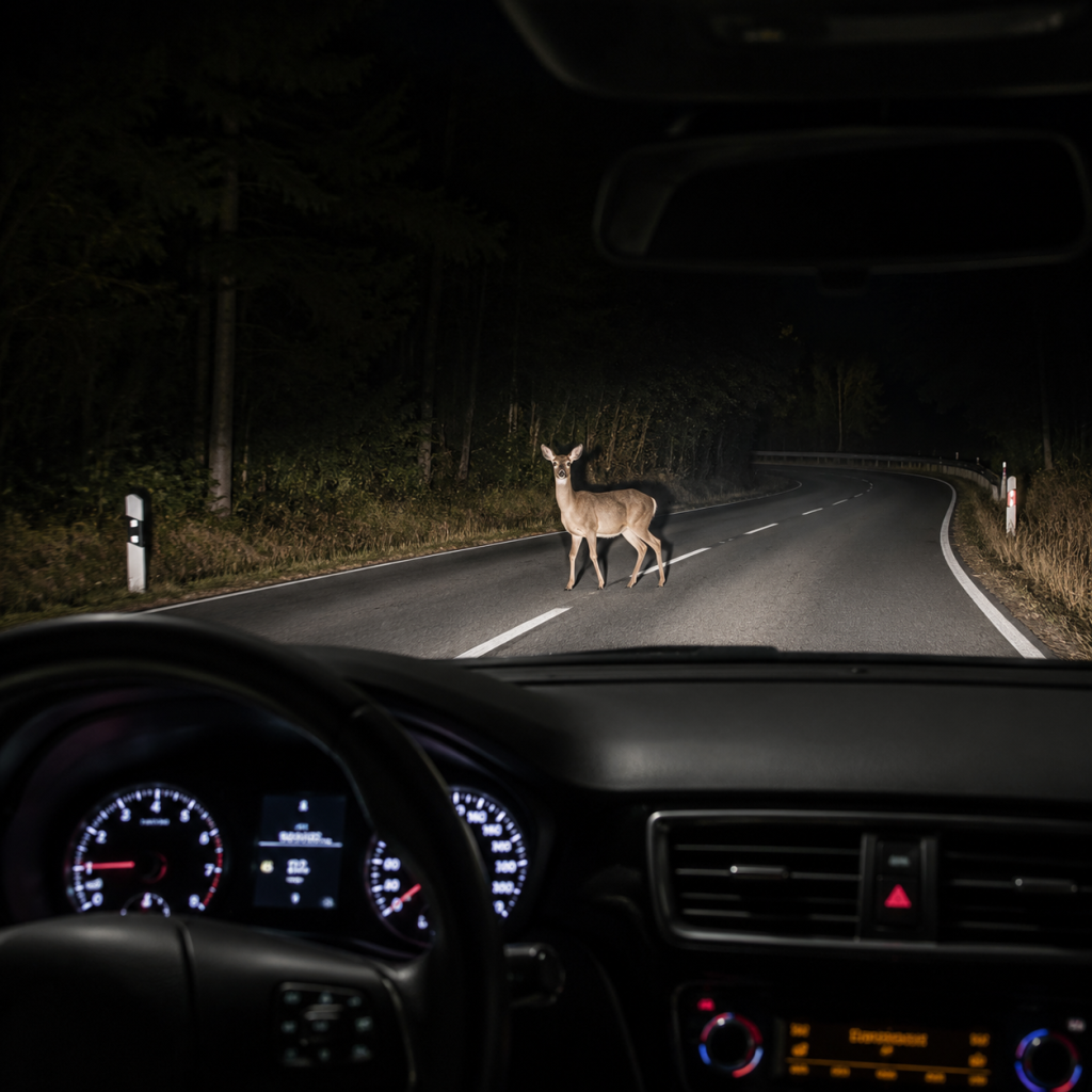 Deer crossing a dark road at night in car headlights