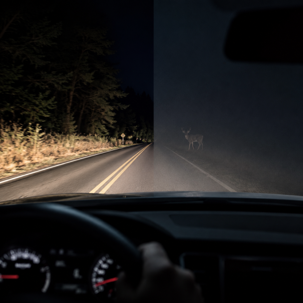 Deer on a dark rural road seen from a car at night using night vision distance view