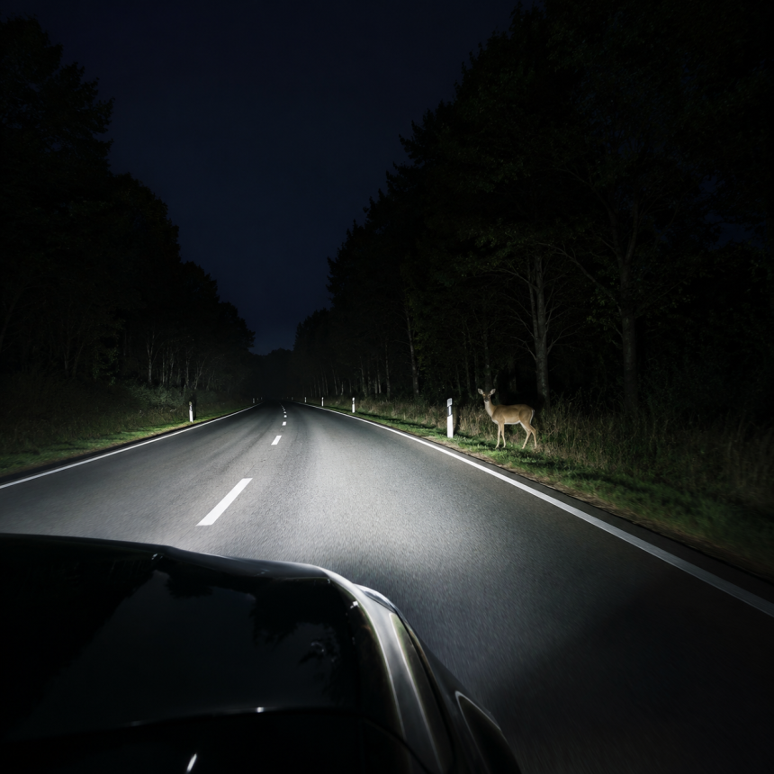 Deer standing by a dark forest road at night, lit by car headlights