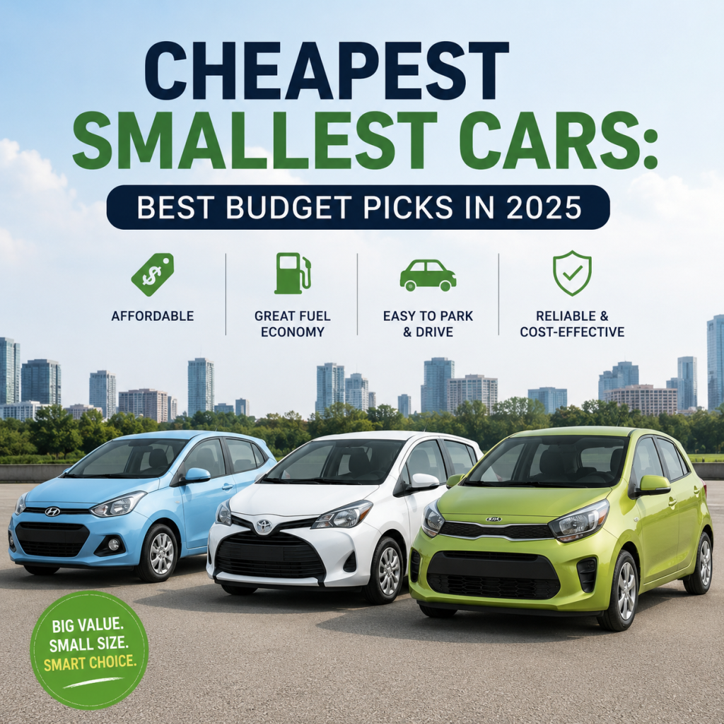 Comparison chart of five cheap small cars for 2025, highlighting price, fuel economy, safety, and reliability.