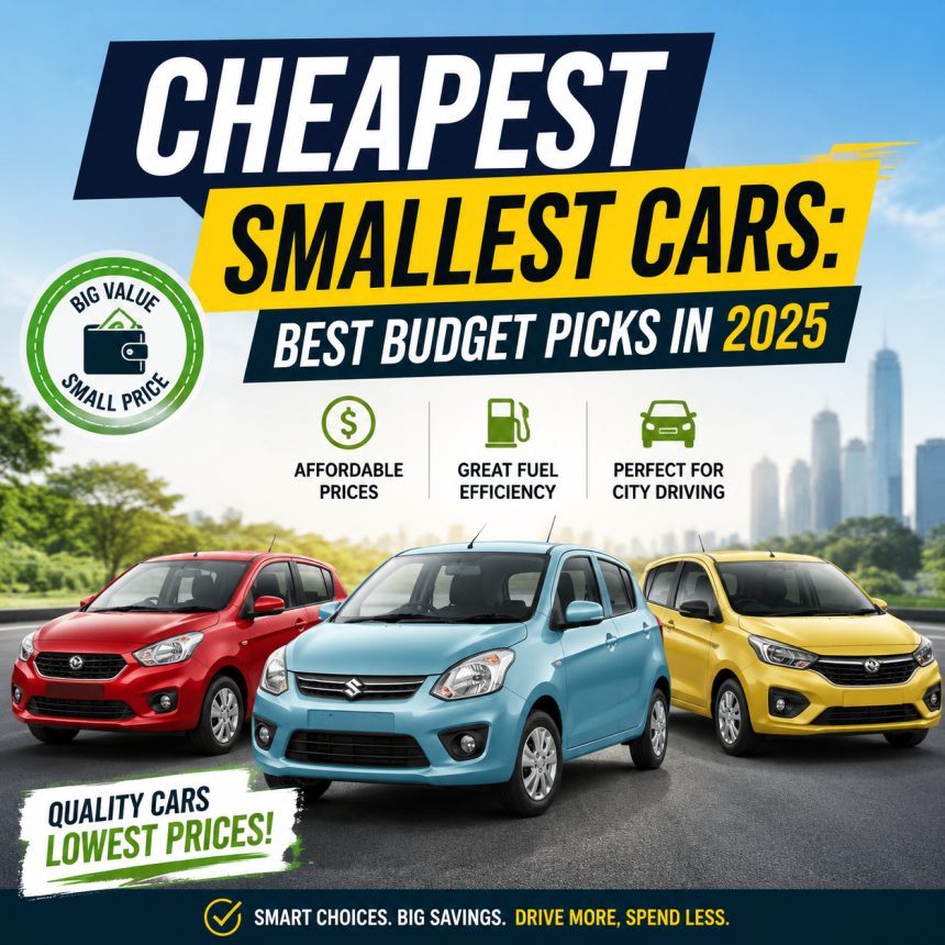 Comparison chart of the cheapest small cars for 2025, highlighting budget prices and fuel efficiency.