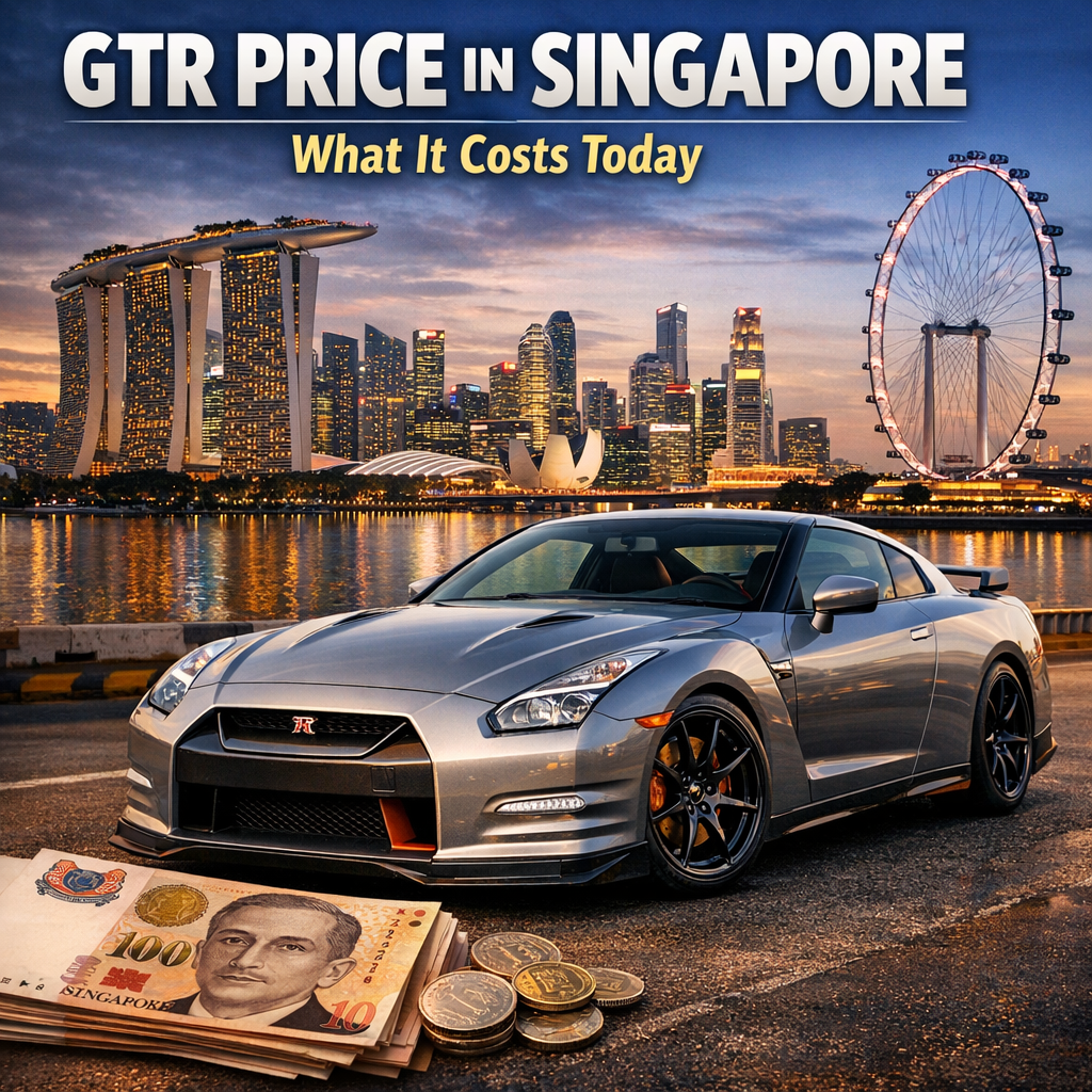 Silver Nissan GT-R parked before the Singapore skyline with local currency highlighting its price