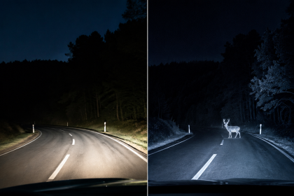 Regular headlights and night vision systems detecting a deer on a dark road