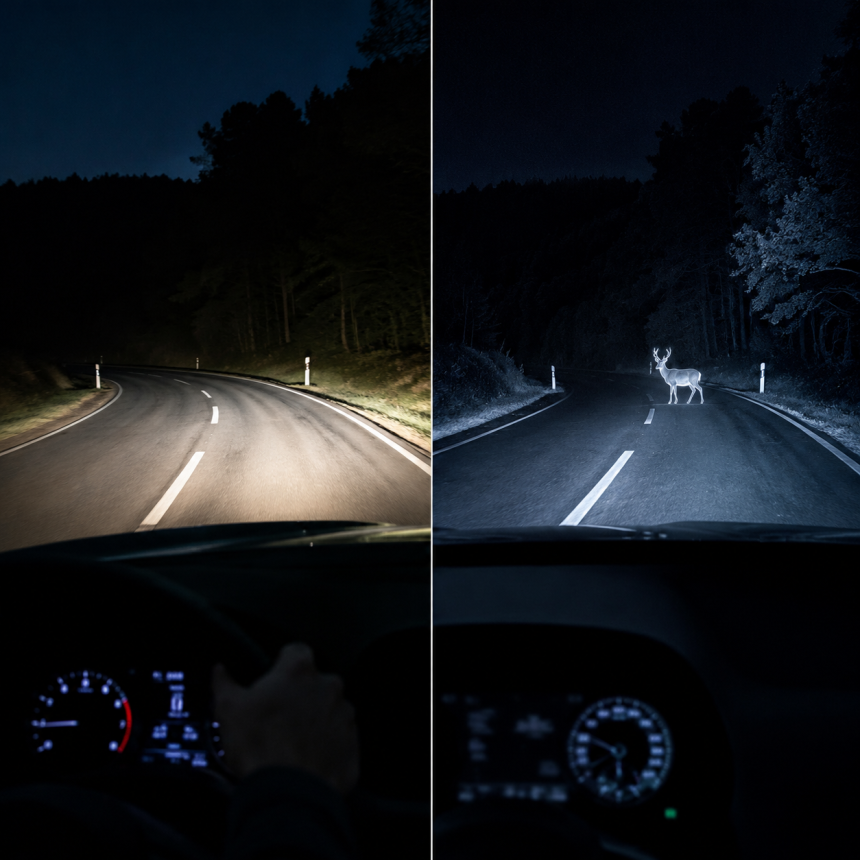 Regular headlights and night vision systems detecting a deer on a dark road