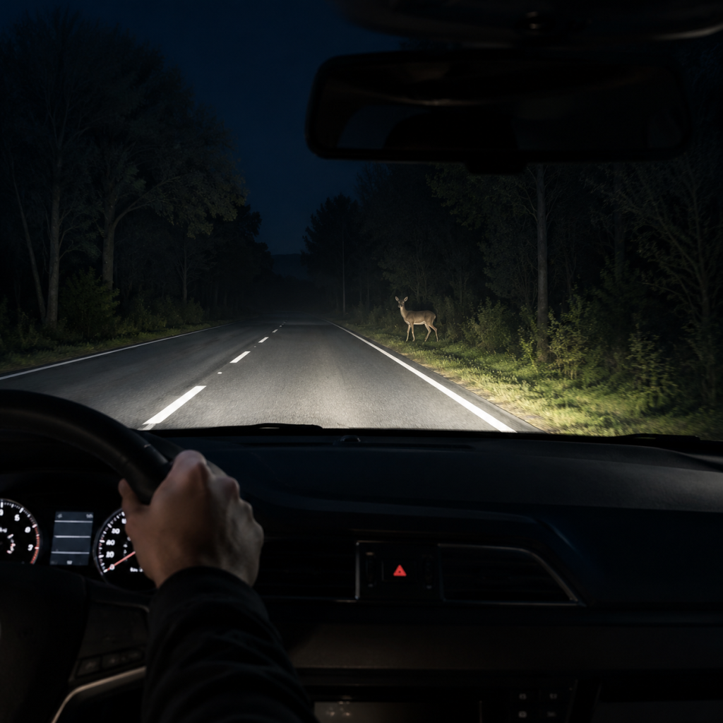 Driver's view of a car on a dark road at night with headlights illuminating a deer ahead