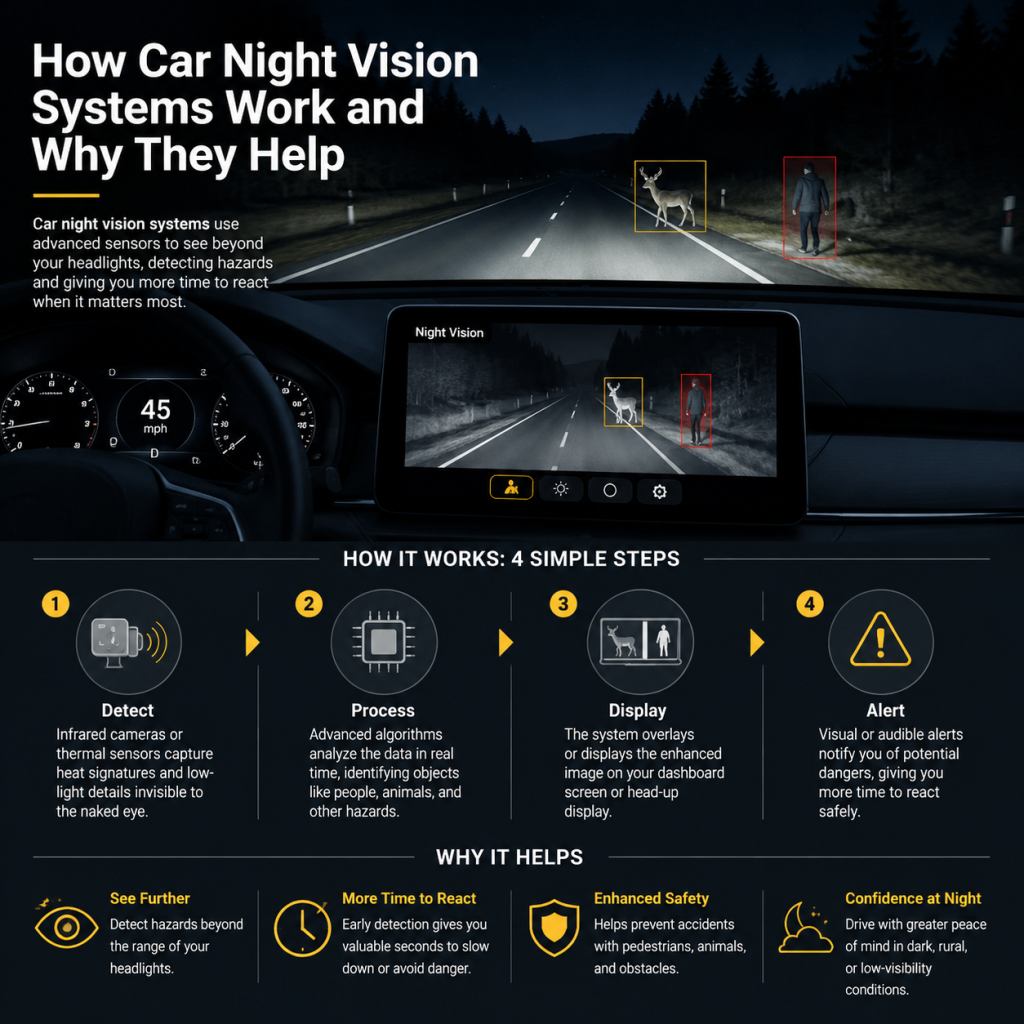 Infographic showing how car night vision systems detect hazards and improve nighttime driving safety