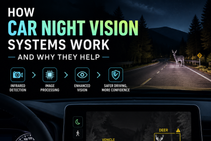 Infographic showing how car night vision systems detect hazards and improve driver safety at night