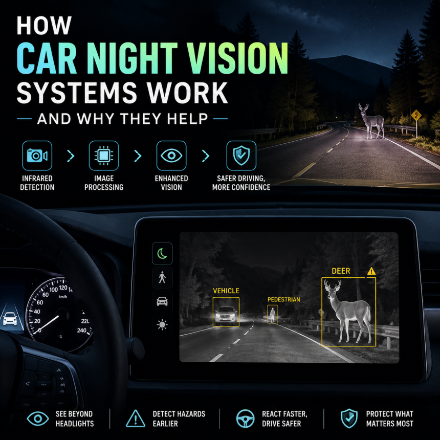Infographic showing how car night vision systems detect hazards and improve driver safety at night