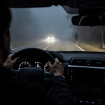 Driver navigating a foggy road at night with a pedestrian along the roadside