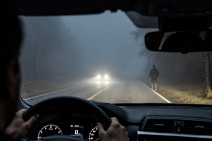 Driver navigating a foggy road at night with a pedestrian along the roadside
