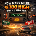 Used car mileage guide showing 185,432 miles with low and high mileage road signs