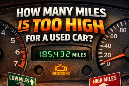 Used car mileage guide showing 185,432 miles with low and high mileage road signs