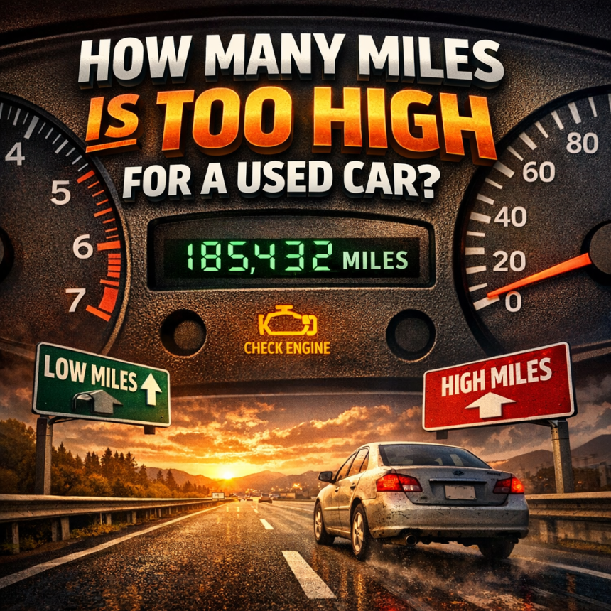 Used car mileage guide showing 185,432 miles with low and high mileage road signs