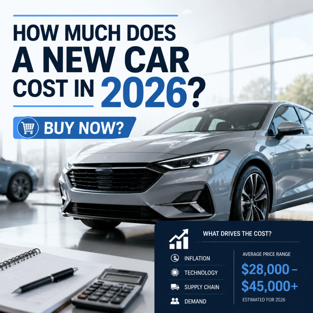 Chart showing 2026 new car cost forecast, key price drivers, and an estimated price range.