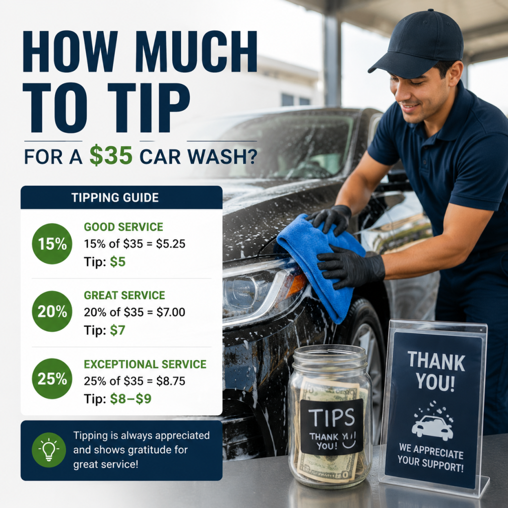 Car wash tipping guide showing suggested tips for a $35 wash based on service quality.