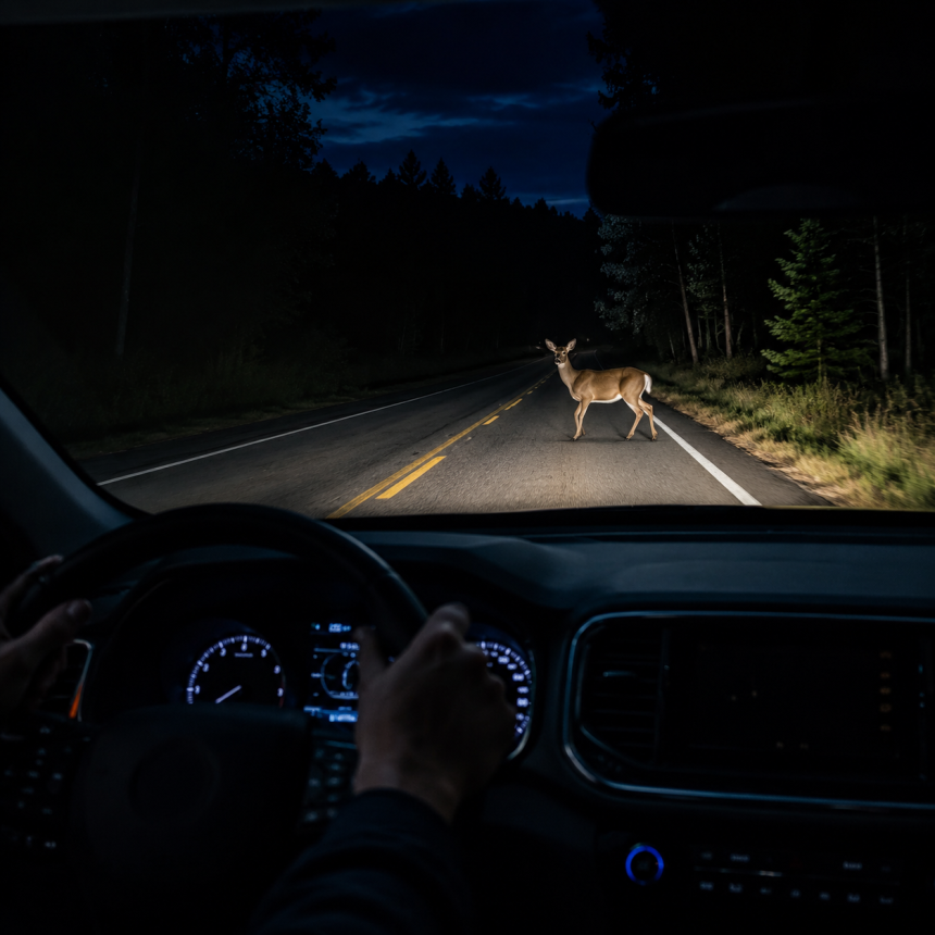 Deer crossing a dark forest road at night, seen from a car dashboard
