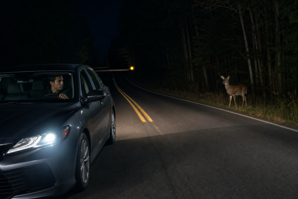 Driver spotting a deer on a dark forest road at night