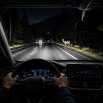 Car night vision camera showing a deer crossing a dark forest road at night