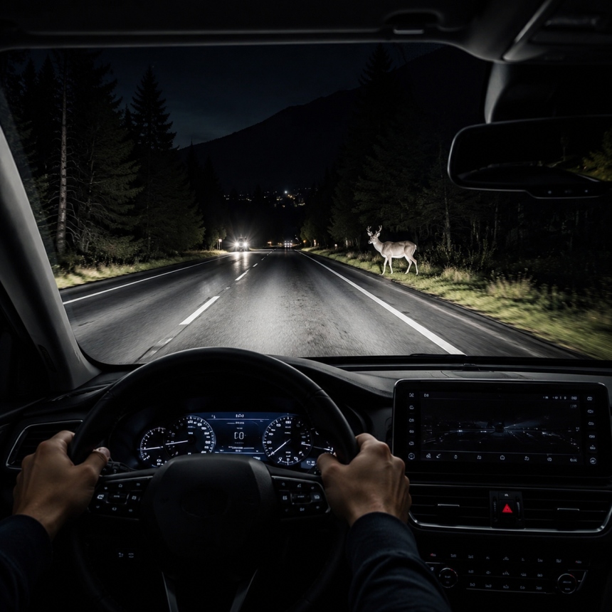 Car night vision camera showing a deer crossing a dark forest road at night