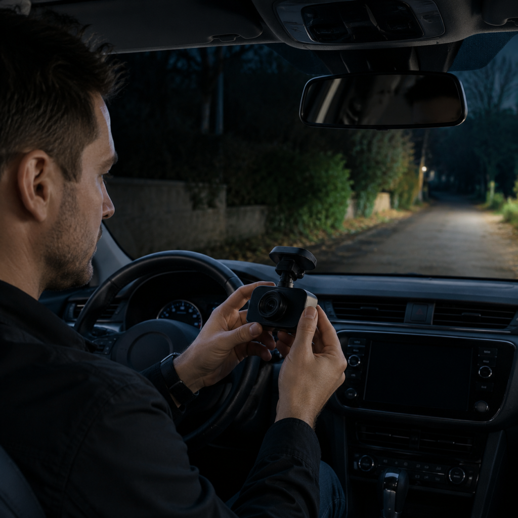 Man installing a dashboard camera inside a car at night
