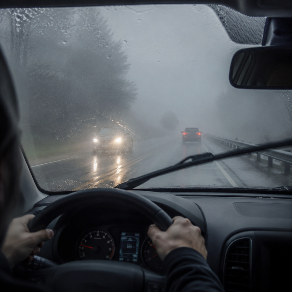 View from inside a car on a rainy highway with windshield wipers clearing the windshield