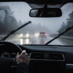 View from inside a car on a rainy road with windshield wipers clearing the windshield and improving driving visibility