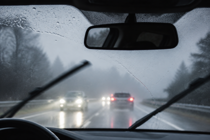 View from inside a car on a rainy road with windshield wipers clearing the windshield and improving driving visibility