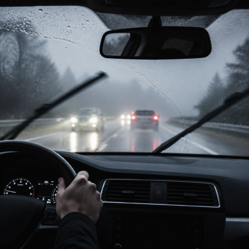 View from inside a car on a rainy road with windshield wipers clearing the windshield and improving driving visibility