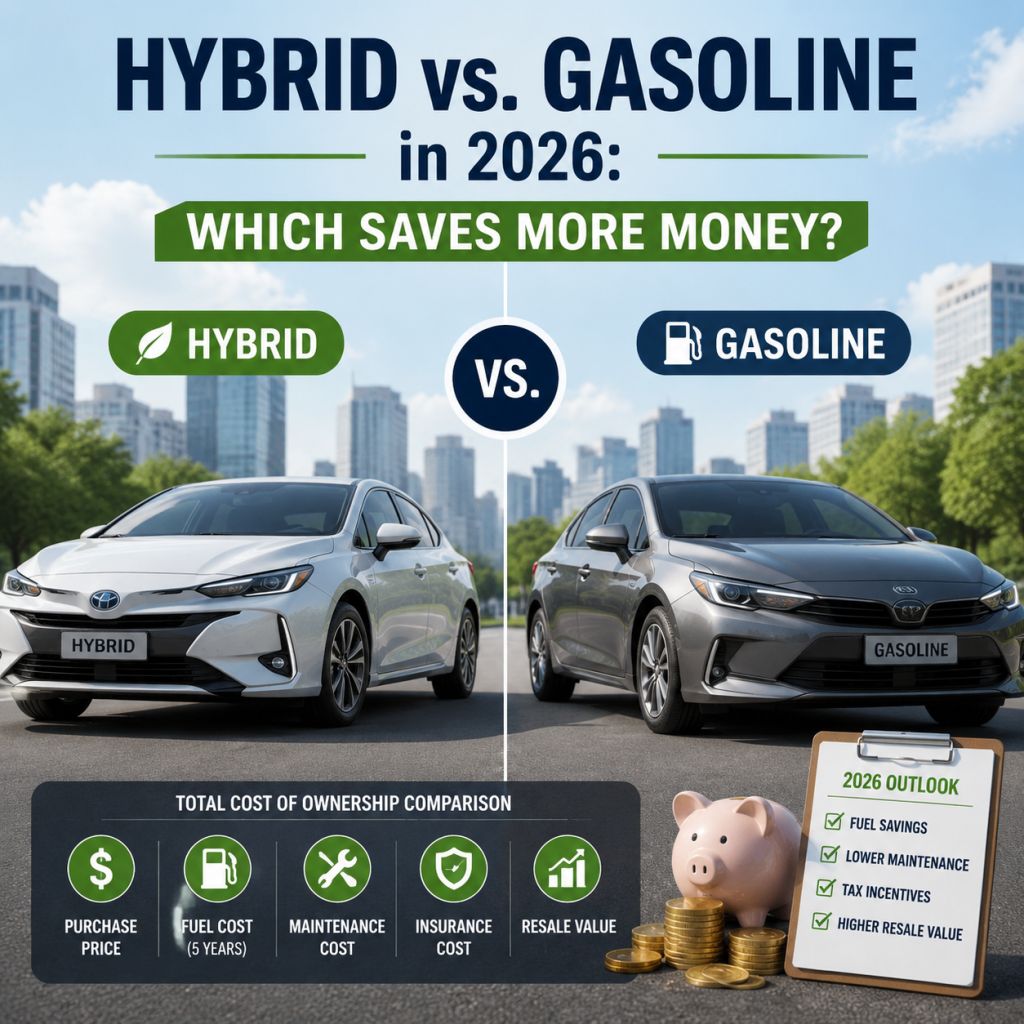 Comparison of hybrid and gasoline cars in 2026, showing costs, savings, and ownership benefits.