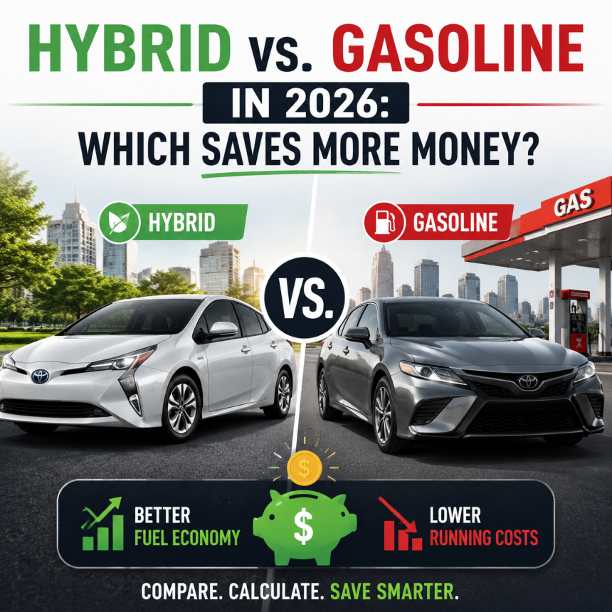 Comparison chart of hybrid and gasoline cars in 2026, showing fuel economy and cost savings.