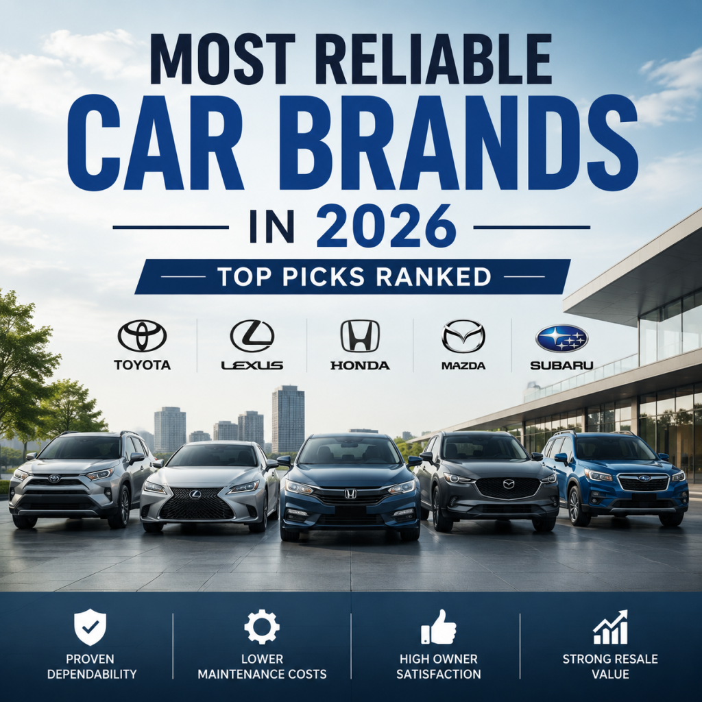 Chart ranking the most reliable car brands in 2026 by dependability, maintenance, satisfaction, and resale value