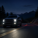 Black pickup truck driving on a mountain road at night with headlights on