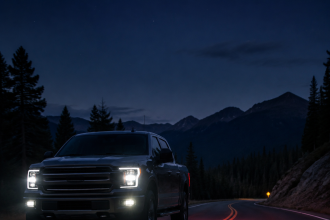 Black pickup truck driving on a mountain road at night with headlights on