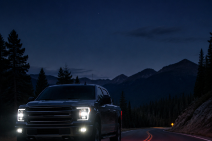 Black pickup truck driving on a mountain road at night with headlights on